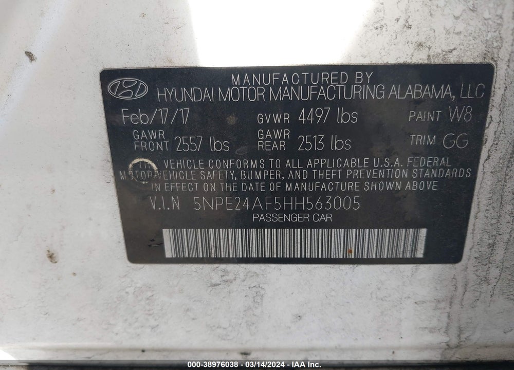 2017 HYUNDAI SONATA VIN: 5NPE24AF5HH563005