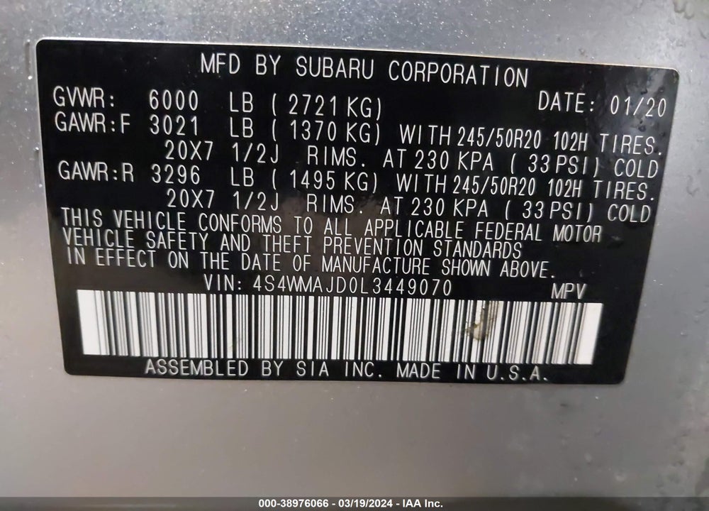 2020 SUBARU ASCENT LIMITED VIN: 4S4WMAJD0L3449070