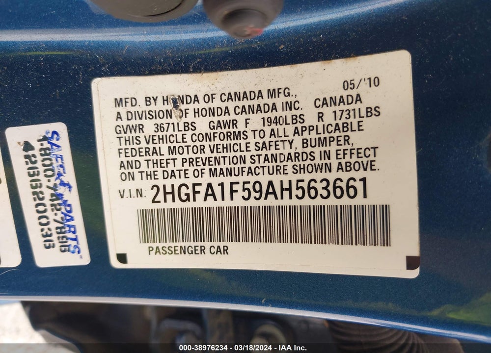 2010 HONDA CIVIC LX VIN: 2HGFA1F59AH563661