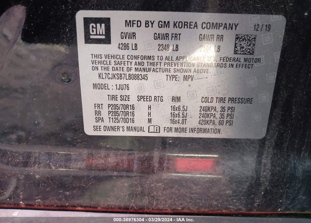 2020 CHEVROLET TRAX FWD LS VIN: KL7CJKSB7LB088345