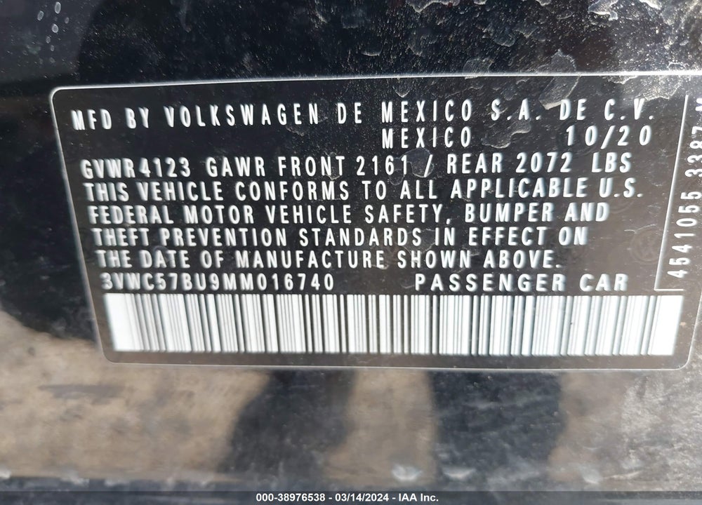 2021 VOLKSWAGEN JETTA 1.4T R-LINE/1.4T S/1.4T SE VIN: 3VWC57BU9MM016740