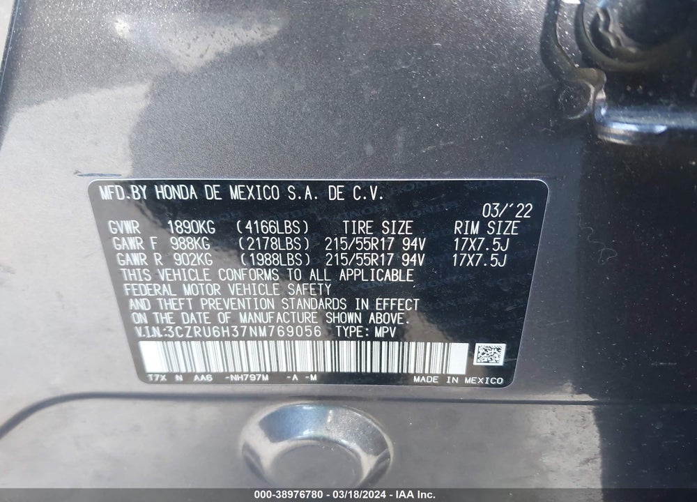 2022 HONDA HR-V AWD LX VIN: 3CZRU6H37NM769056