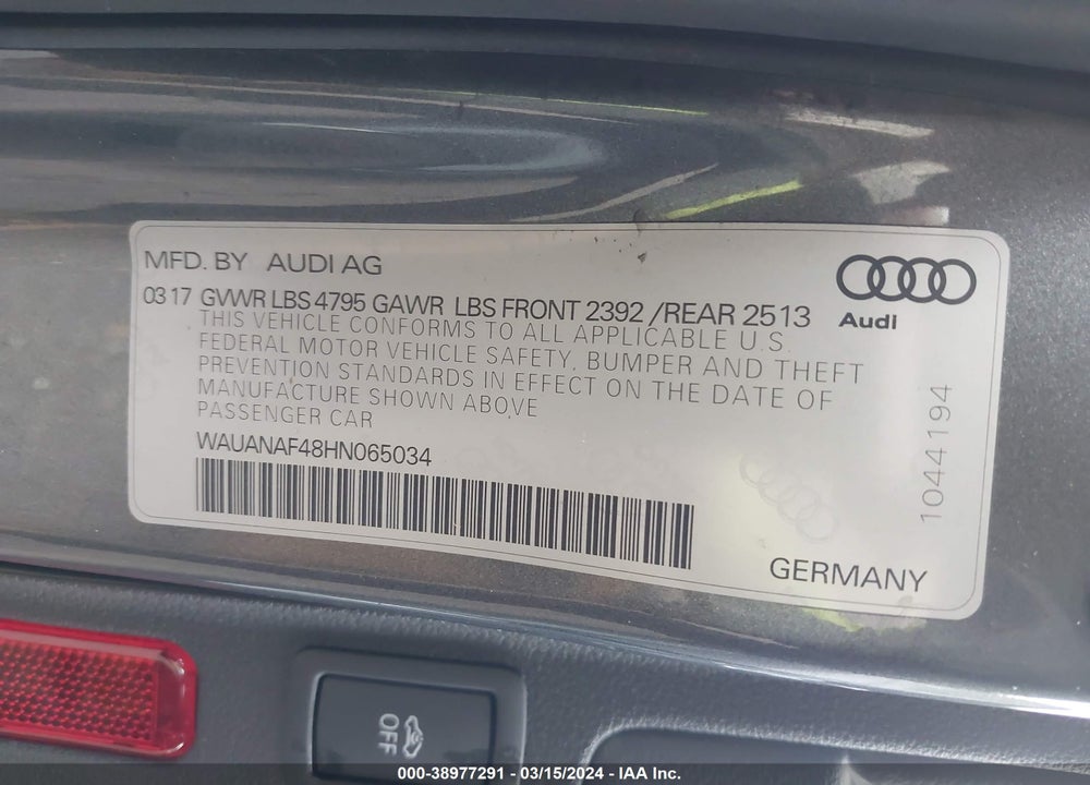 2017 AUDI A4 2.0T PREMIUM VIN: WAUANAF48HN065034