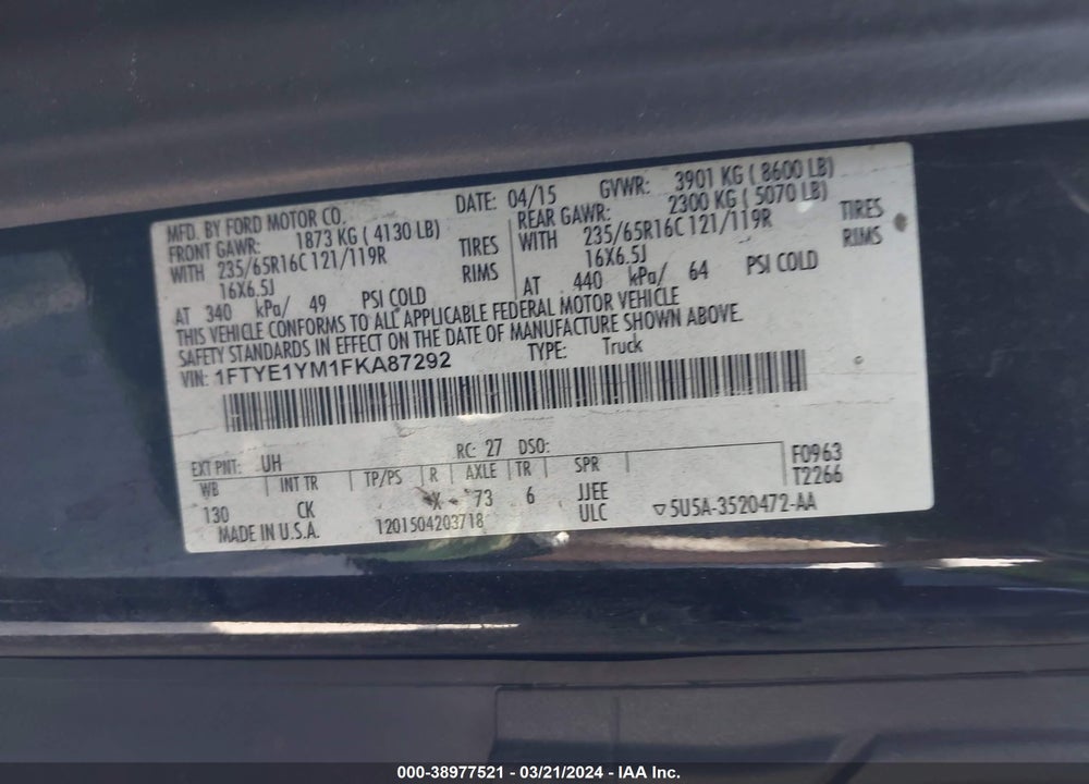 2015 FORD TRANSIT-150 VIN: 1FTYE1YM1FKA87292