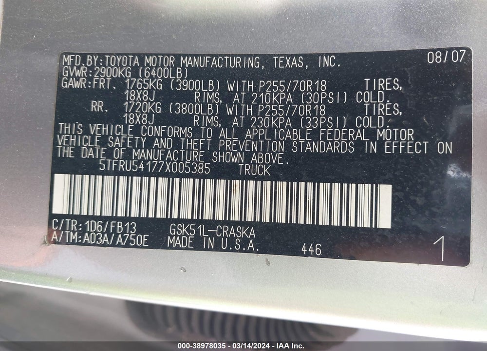 2007 TOYOTA TUNDRA SR5 V6 VIN: 5TFRU54177X005385