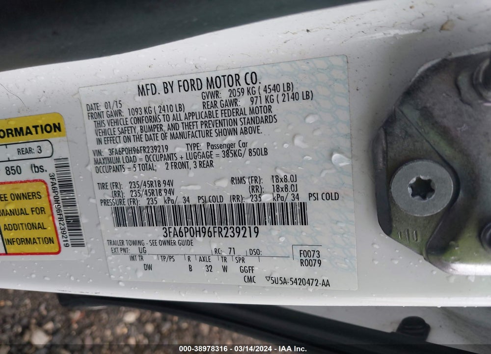 2015 FORD FUSION SE VIN: 3FA6P0H96FR239219