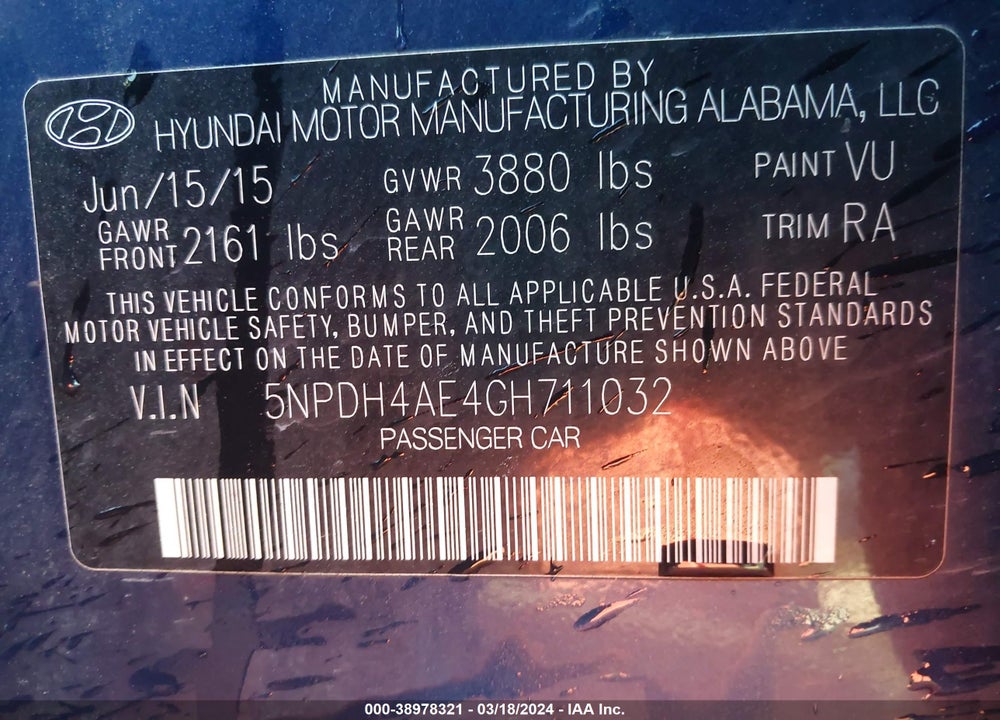 2016 HYUNDAI ELANTRA SE VIN: 5NPDH4AE4GH711032