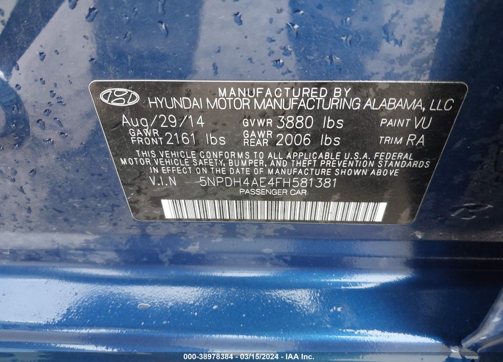 2015 HYUNDAI ELANTRA SE VIN: 5NPDH4AE4FH581381