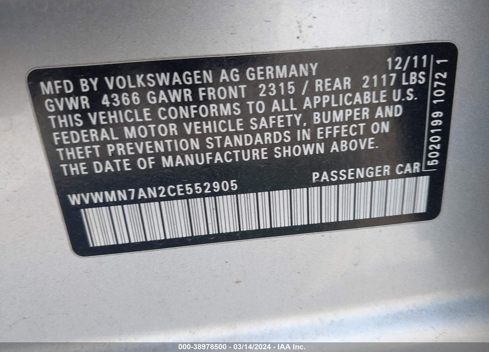 2012 VOLKSWAGEN CC R-LINE VIN: WVWMN7AN2CE552905