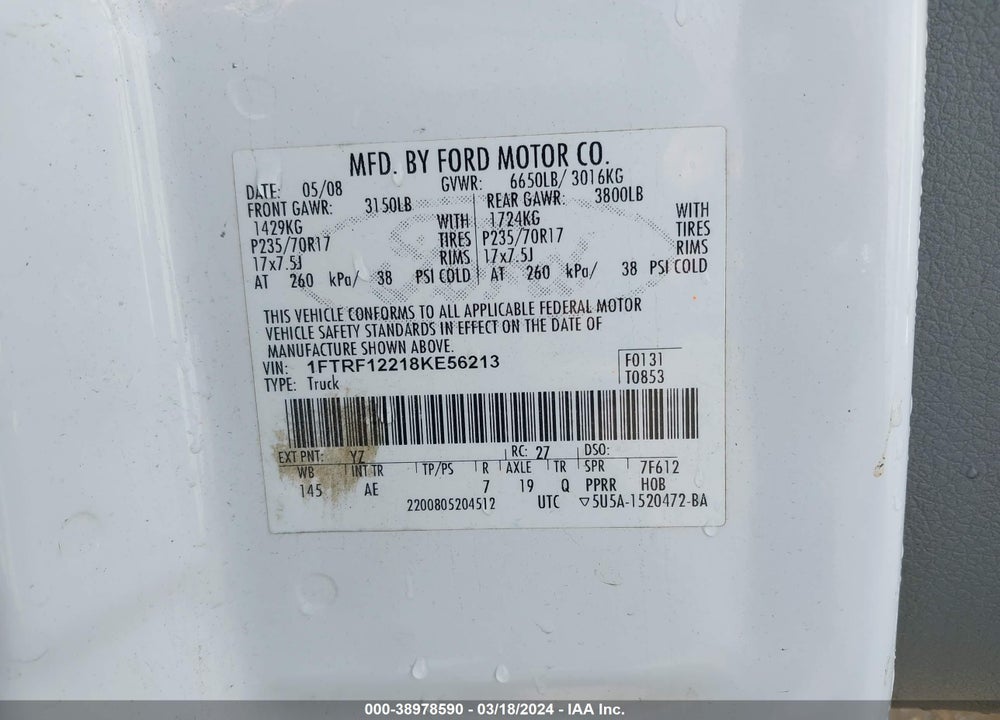 2008 FORD F-150 STX/XL/XLT VIN: 1FTRF12218KE56213