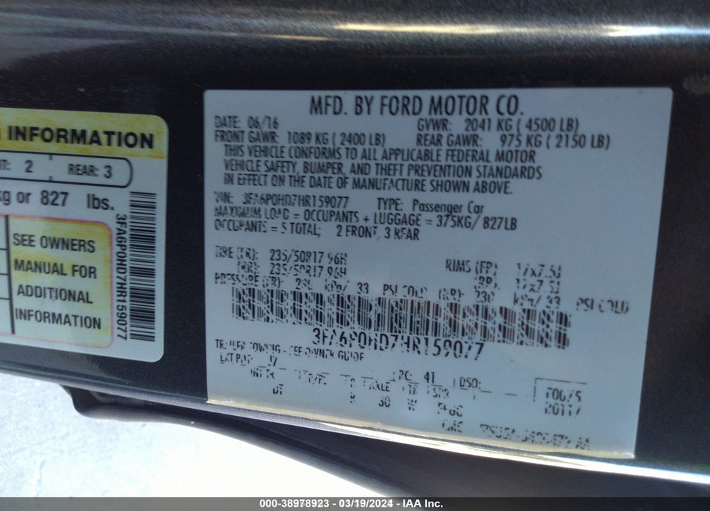2017 FORD FUSION SE VIN: 3FA6P0HD7HR159077