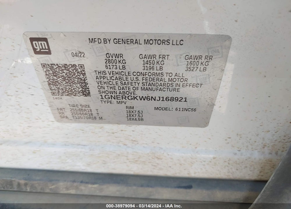 2022 CHEVROLET TRAVERSE FWD LT CLOTH VIN: 1GNERGKW6NJ168921
