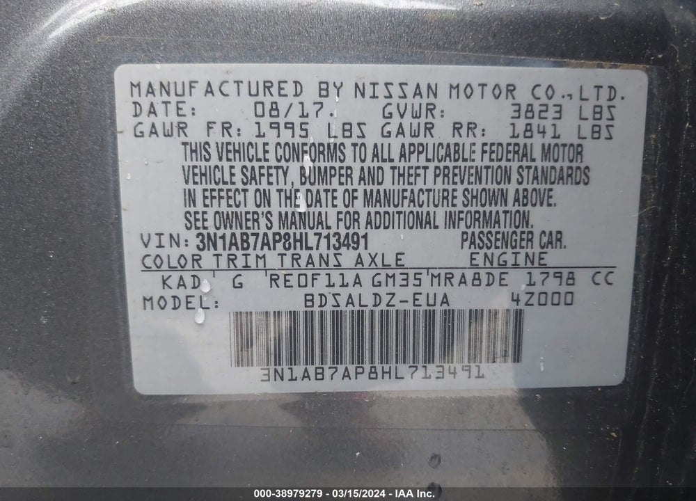 2017 NISSAN SENTRA SV VIN: 3N1AB7AP8HL713491