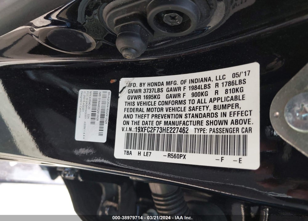2017 HONDA CIVIC EX VIN: 19XFC2F73HE227462