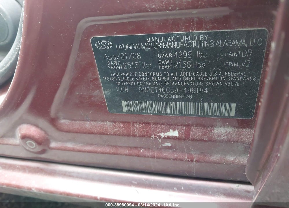 2009 HYUNDAI SONATA GLS VIN: 5NPET46C69H496184