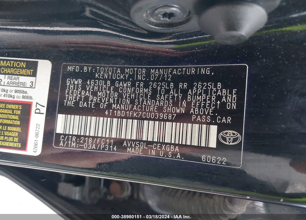 2012 TOYOTA CAMRY HYBRID XLE VIN: 4T1BD1FK7CU039687