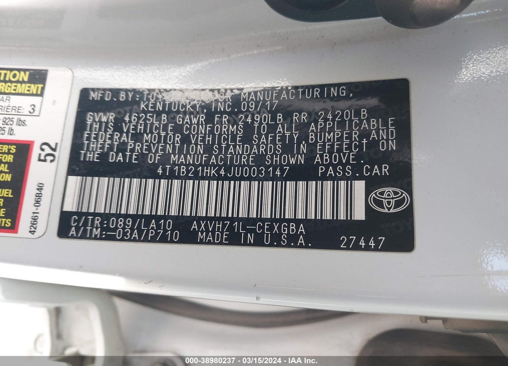 2018 TOYOTA CAMRY HYBRID XLE VIN: 4T1B21HK4JU003147