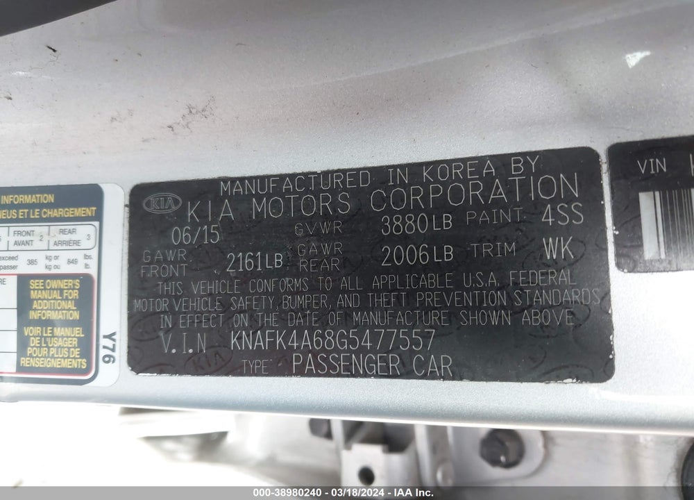 2016 KIA FORTE VIN: KNAFK4A68G5477557