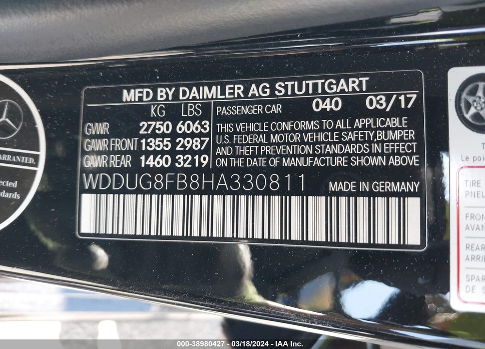 2017 MERCEDES-BENZ S 550 4MATIC VIN: WDDUG8FB8HA330811
