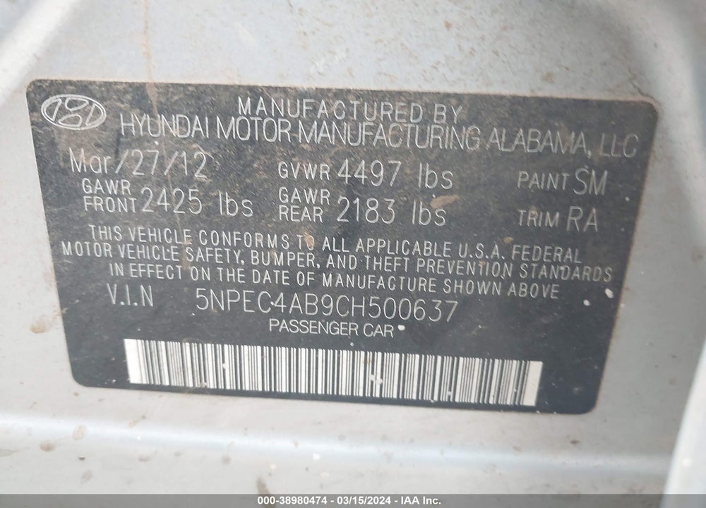 2012 HYUNDAI SONATA LIMITED 2.0T VIN: 5NPEC4AB9CH500637