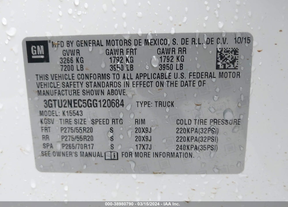 2016 GMC SIERRA 1500 SLT VIN: 3GTU2NEC5GG120684