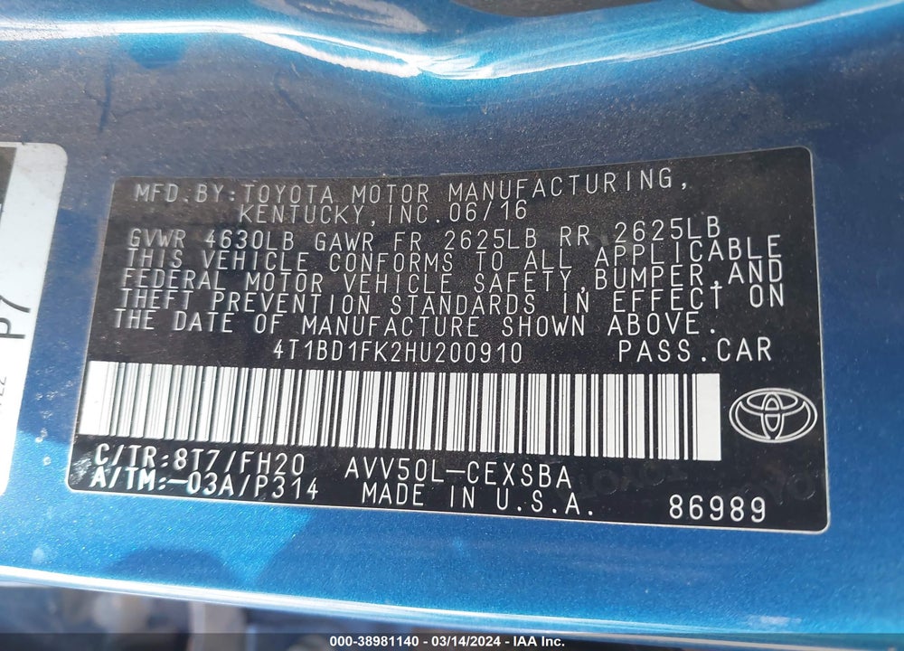 2017 TOYOTA CAMRY HYBRID VIN: 4T1BD1FK2HU200910