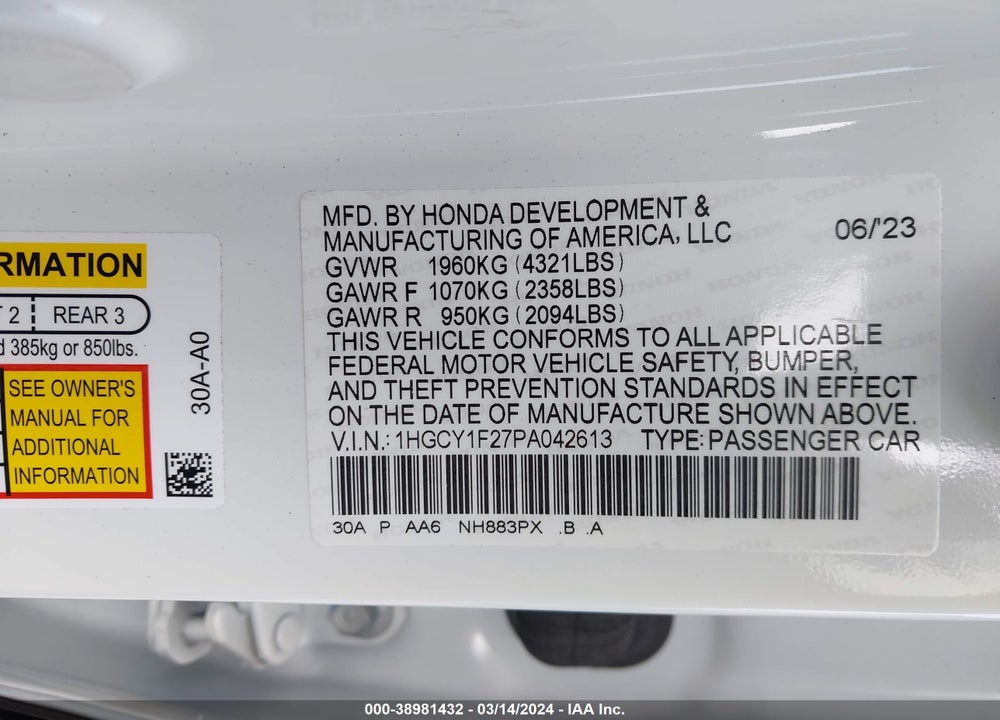 2023 HONDA ACCORD LX VIN: 1HGCY1F27PA042613