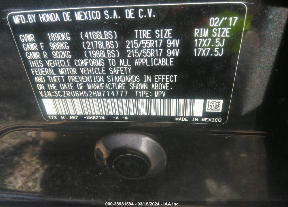 2017 HONDA HR-V EX VIN: 3CZRU6H52HM714777
