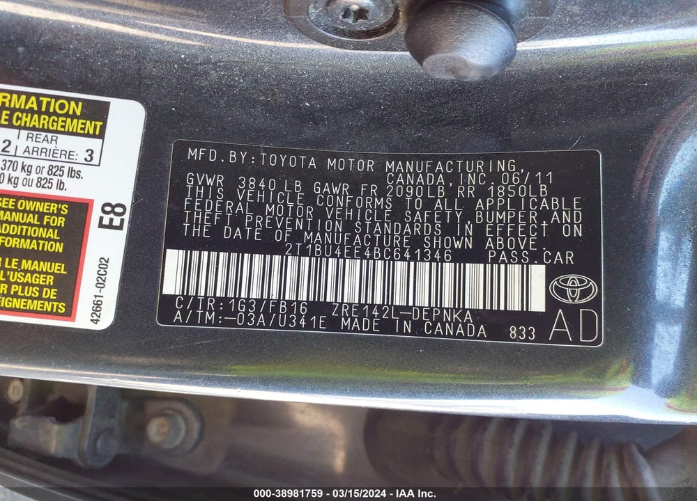2011 TOYOTA COROLLA VIN: 2T1BU4EE4BC641346