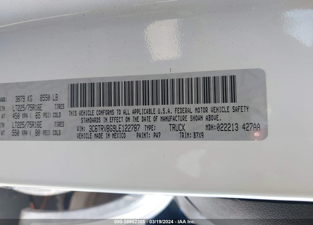 2020 RAM PROMASTER 1500 HIGH ROOF 136 WB VIN: 3C6TRVBG9LE122787