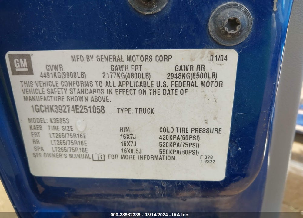 2004 CHEVROLET SILVERADO 3500 VIN: 1GCHK39274E251058