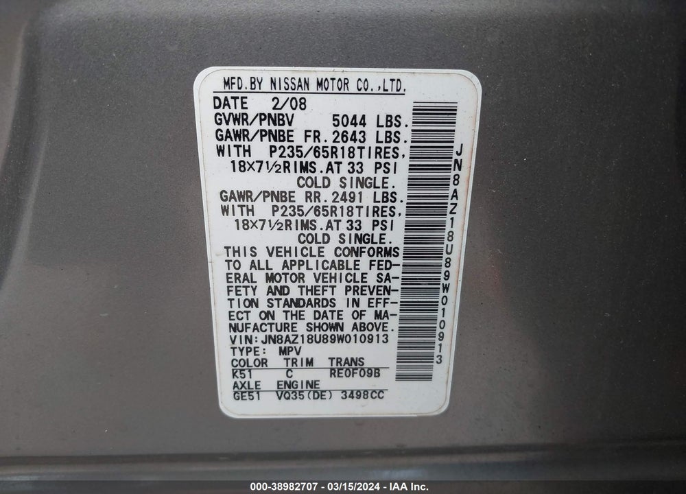 2009 NISSAN MURANO SL VIN: JN8AZ18U89W010913