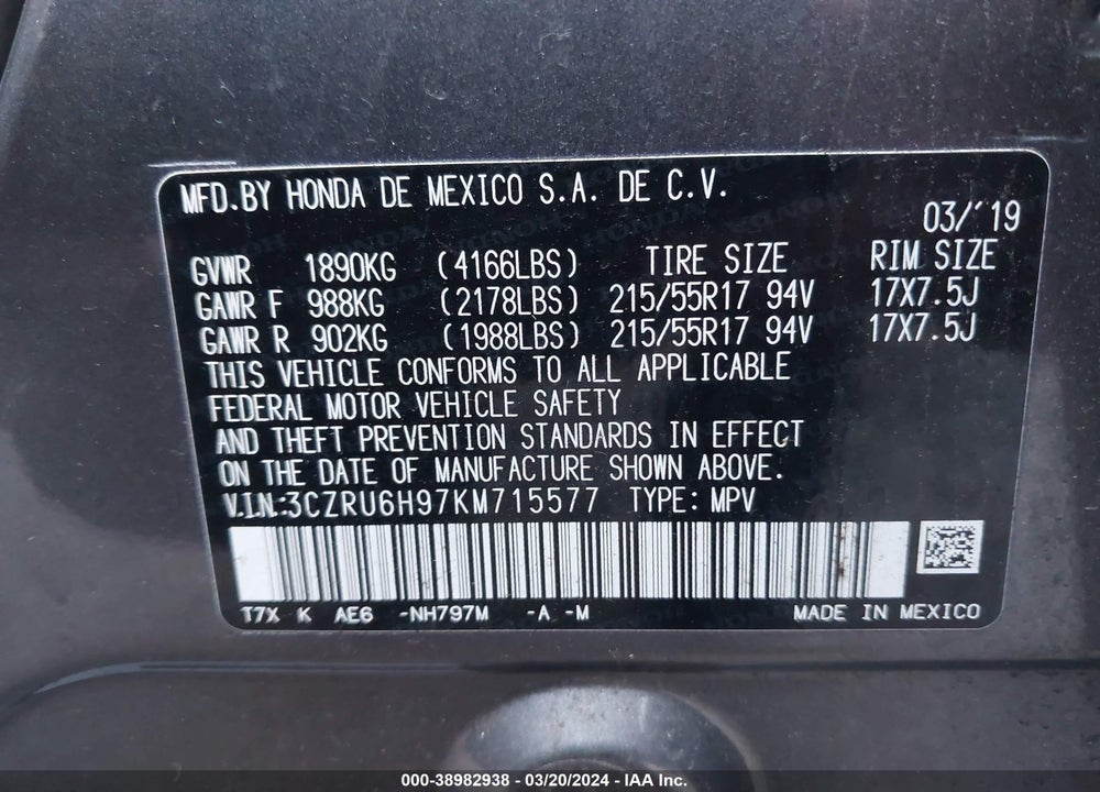2019 HONDA HR-V TOURING VIN: 3CZRU6H97KM715577