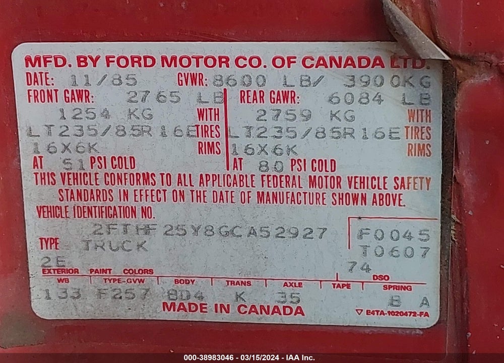 1986 FORD F250 VIN: 2FTHF25Y8GCA52927