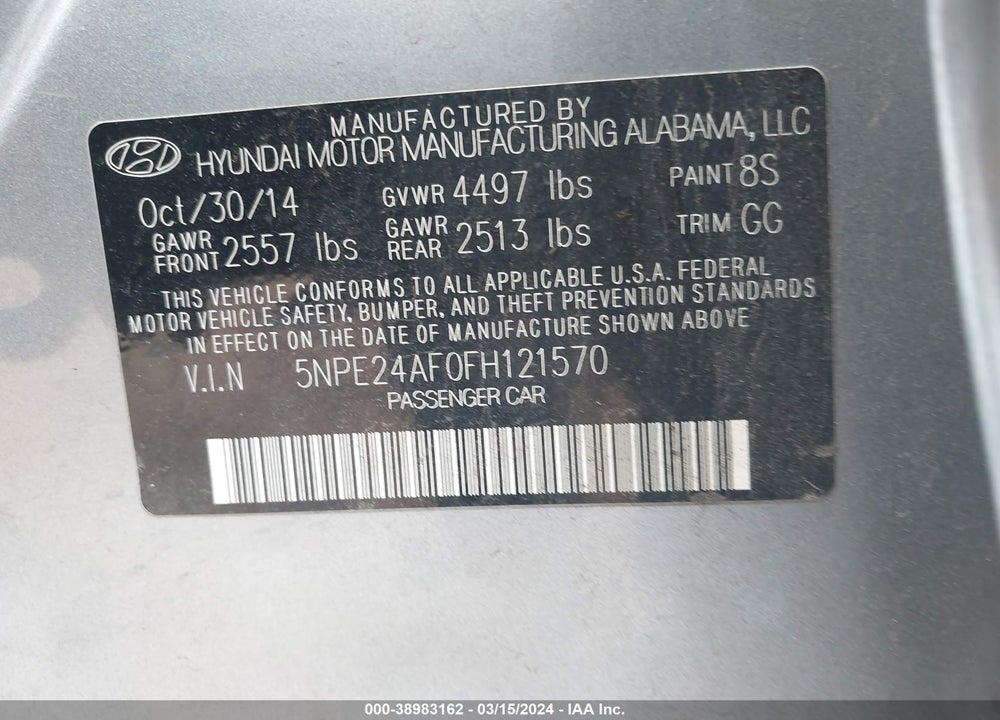 2015 HYUNDAI SONATA SE VIN: 5NPE24AF0FH121570