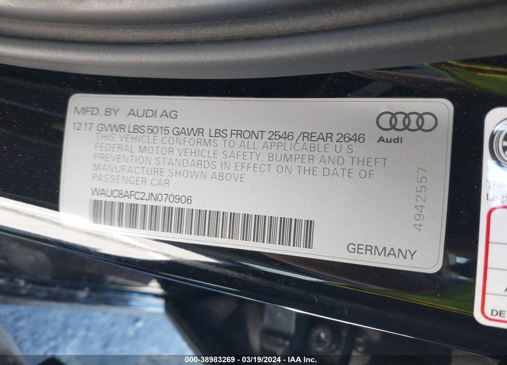 2018 AUDI A6 2.0T PREMIUM/2.0T SPORT VIN: WAUC8AFC2JN070906