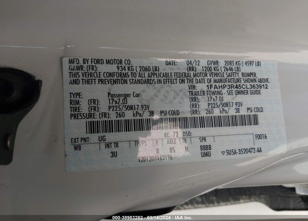 2012 FORD FOCUS ELECTRIC VIN: 1FAHP3R45CL363912