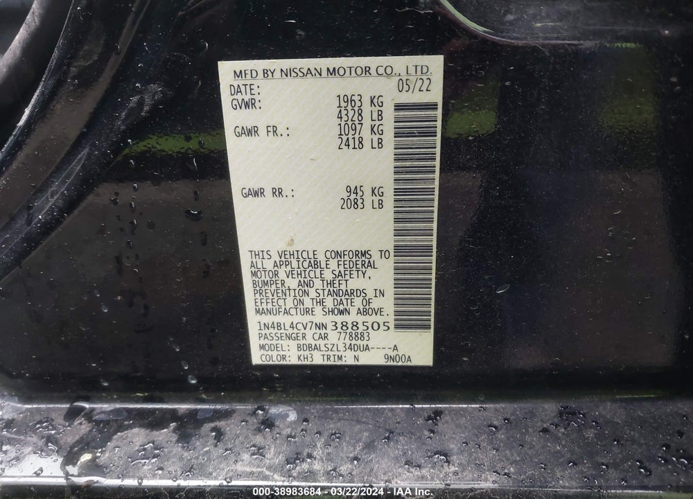 2022 NISSAN ALTIMA SR FWD VIN: 1N4BL4CV7NN388505