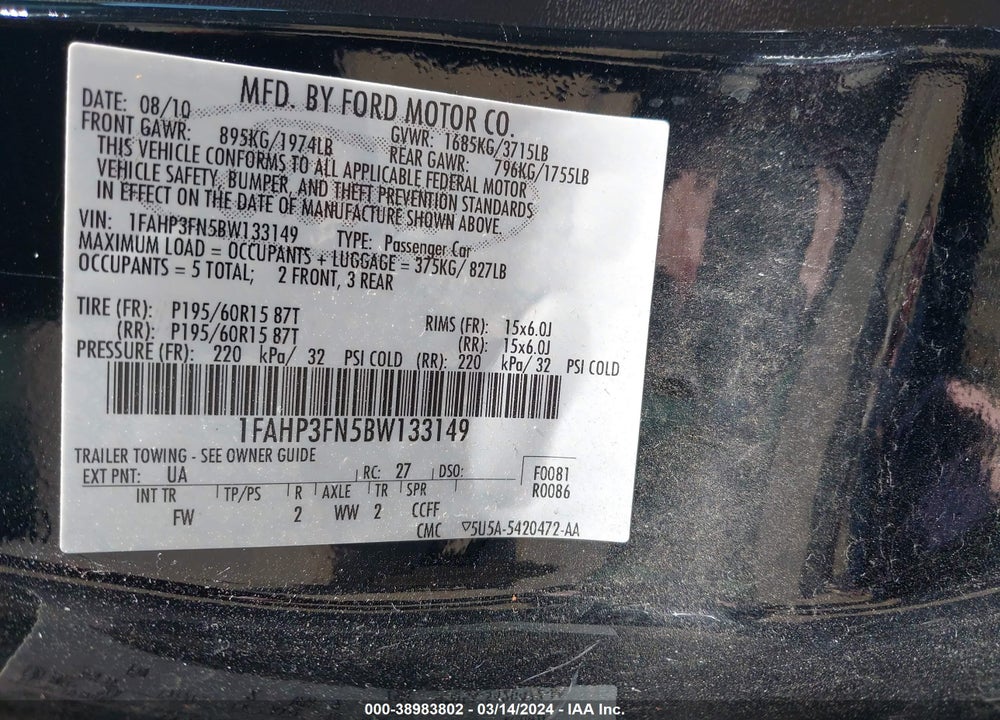 2011 FORD FOCUS SE VIN: 1FAHP3FN5BW133149