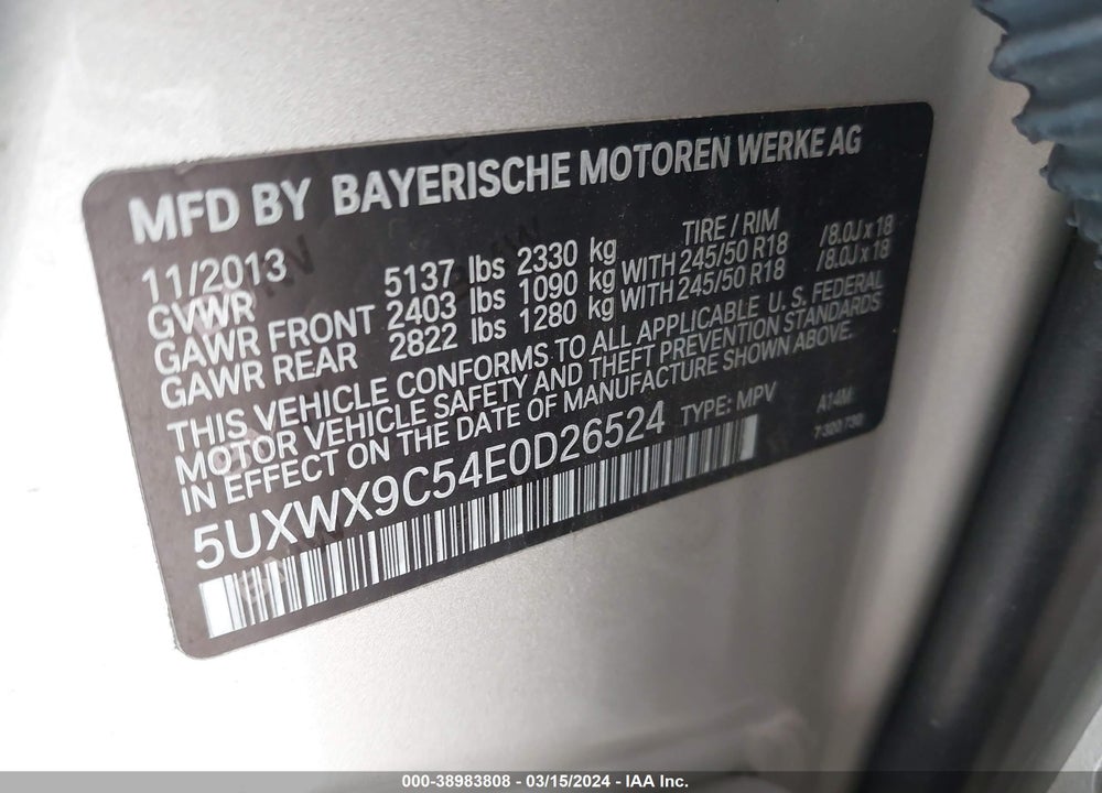 2014 BMW X3 XDRIVE28I VIN: 5UXWX9C54E0D26524