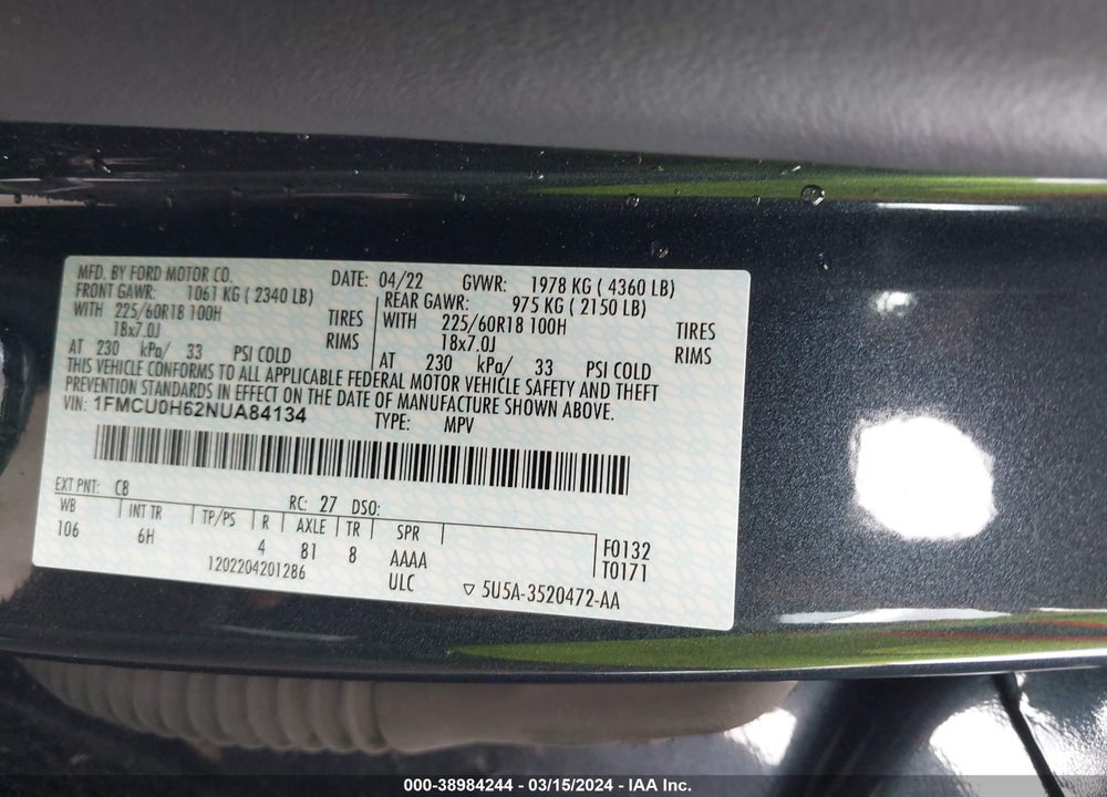 2022 FORD ESCAPE VIN: 1FMCU0H62NUA84134