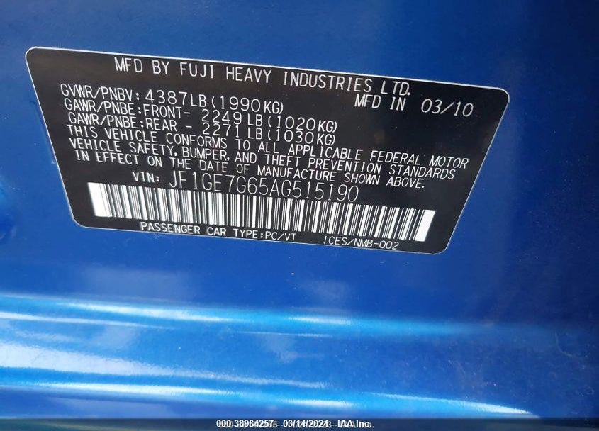 2010 SUBARU IMPREZA WRX PREMIUM VIN: JF1GE7G65AG515190