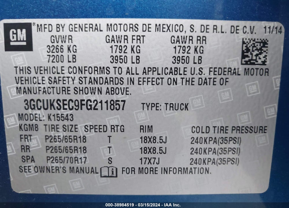 2015 CHEVROLET SILVERADO 1500 2LZ VIN: 3GCUKSEC9FG211857