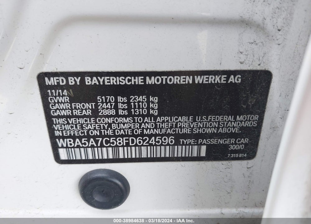 2015 BMW 528I XDRIVE VIN: WBA5A7C58FD624596