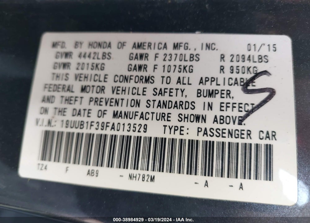 2015 ACURA TLX VIN: 19UUB1F39FA013529
