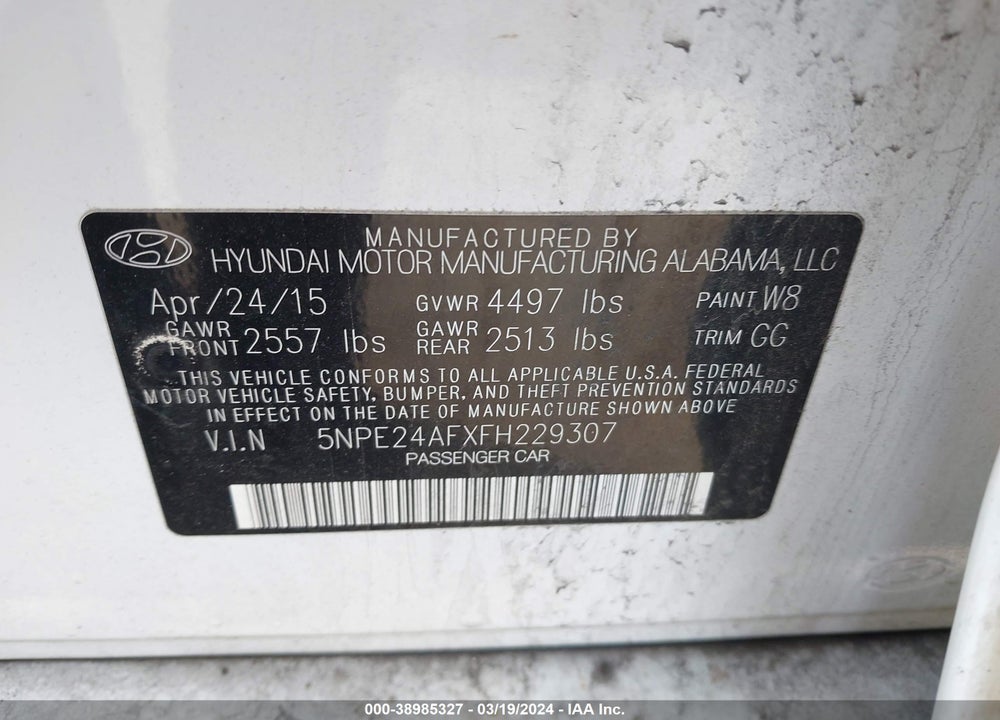 2015 HYUNDAI SONATA SE VIN: 5NPE24AFXFH229307