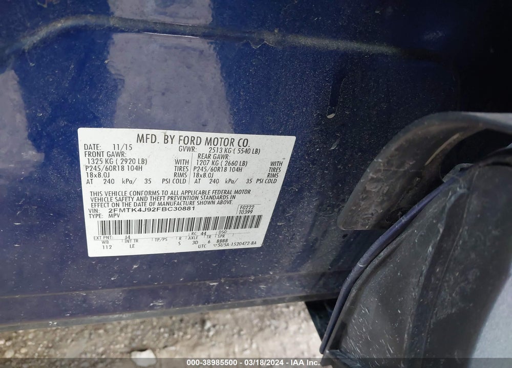 2015 FORD EDGE SEL VIN: 2FMTK4J92FBC30881