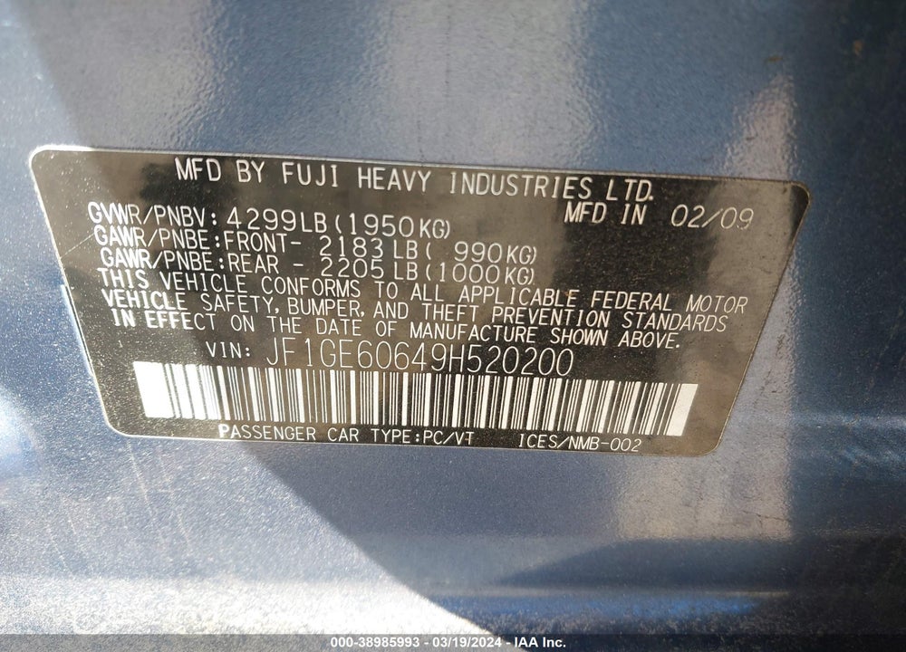 2009 SUBARU IMPREZA 2.5I VIN: JF1GE60649H520200