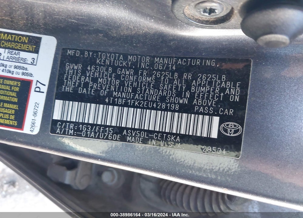 2014 TOYOTA CAMRY SE VIN: 4T1BF1FK2EU428198