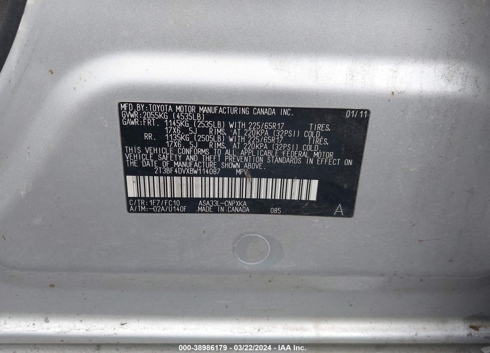 2011 TOYOTA RAV4 VIN: 2T3BF4DVXBW114087